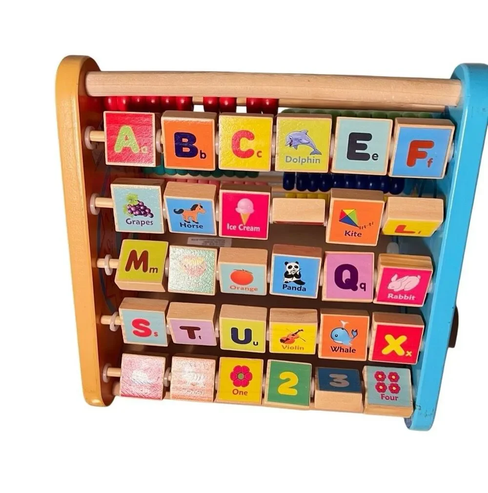TOWO Wooden Activity Center Toy, ABC Blocks Abacus Clock for Toddlers Montessori